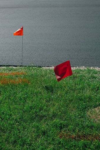 Red utility warning flags in the grass by a road