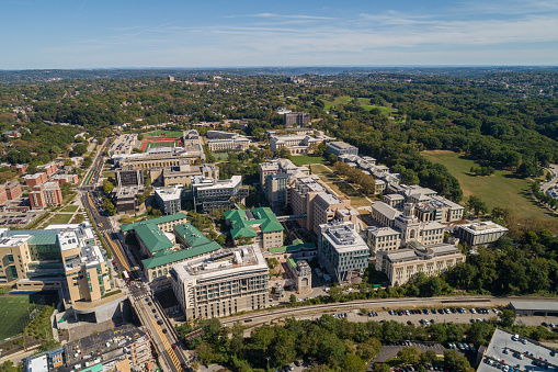 Aerial over the University of North Carolina at Chapel Hill in the Spring