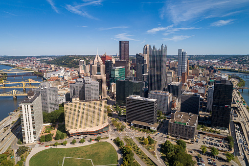 Pittsburgh Cityscape and Business District, Downtown in Background. Rivers in and Bridges in Background. Pennsylvania.