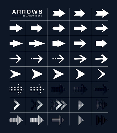 WHITE COLOR OUTLINE ICON SET OF ARROWS ISOLATED ON DARK BACKGROUND