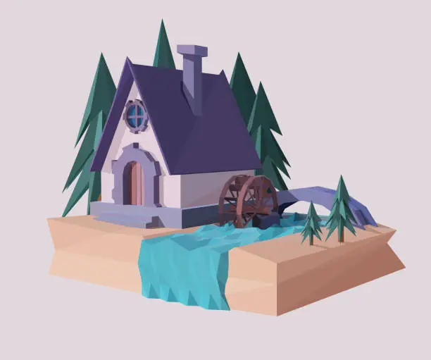 Vector illustration of Water Mill Low Poly Vector