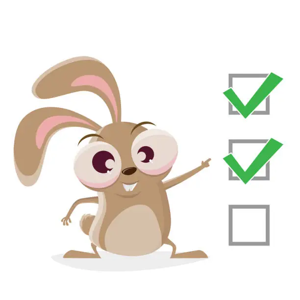 Vector illustration of funny cartoon rabbit with check marks