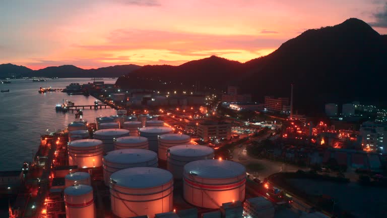 Oil Tank, Power plant in Hong Kong city at dusk