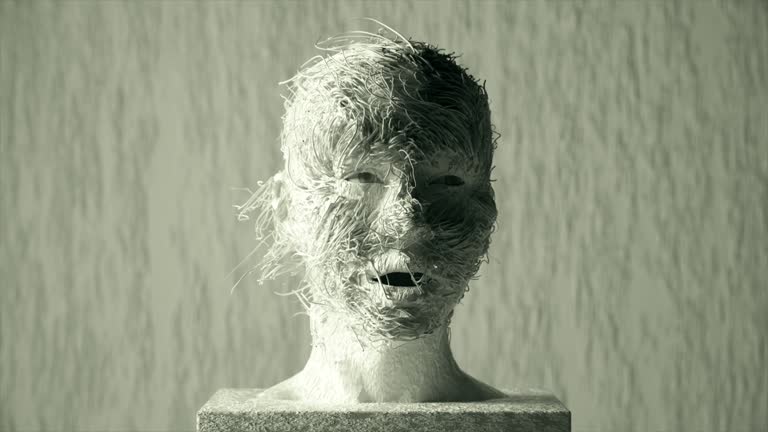 AI concept. White bust comes to life and turns its head, blinks and opens its mouth, white tangled threads move on face