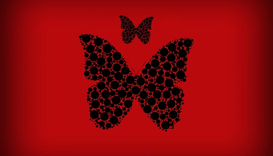 A digital illustration of black butterfly designs on a red background