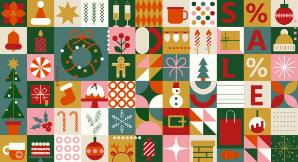 Christmas symbols. Merry Christmas. Christmas abstract geometric background with simple shapes, Santa Claus, celebration symbol, holiday food. Creative modern art. Bauhaus style Merry Christmas poster Christmas symbols. Merry Christmas. Christmas abstract geometric background with simple shapes, Santa Claus, celebration symbol, holiday food. Creative modern art. Bauhaus style Merry Christmas poster christmas cookies pattern stock illustrations