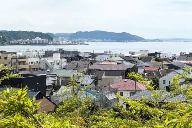 View over the south part of Kamakura City to Sagami Bay on a spring morning. Kanagawa Prefecture in the Kanto Region.