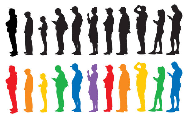 ilustraciones, imágenes clip art, dibujos animados e iconos de stock de personas de pie en línea siluetas - profile people in a row group of people people