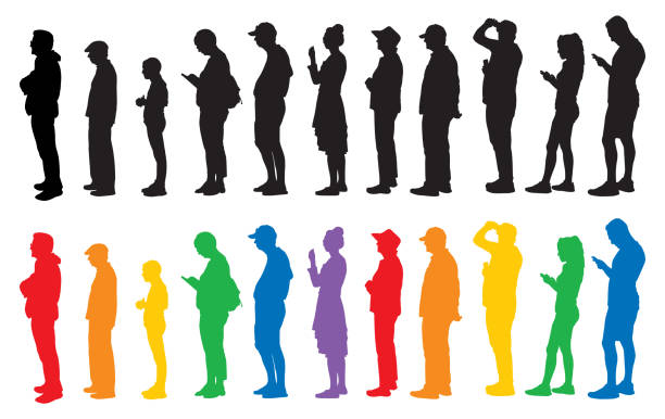illustrations, cliparts, dessins animés et icônes de personnes debout en ligne silhouettes - profile people in a row group of people people
