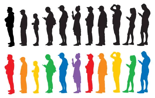 Vector illustration of People Standing In Line Silhouettes