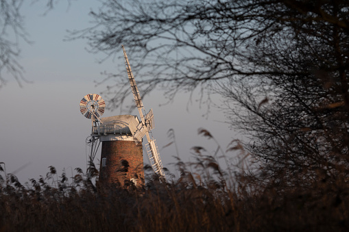 Horsey windpump at dusk in February, Norfolk, England, United Kingdom