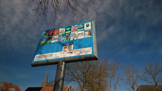 Schellinkhout, Netherlands – March 17, 2023: Posters for the water authority elections in the Netherlands. Political parties VVD, PvdA, CDA, BBB, Partij voor de Dieren, BVNL and Christenunie