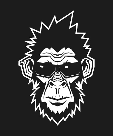 Stylized head of gorilla, ape or monkey with an earring in sunglasses - outline cut out vector silhouette on dark background