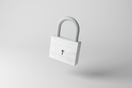 White padlock floating in mid air with shadow on white background in monochrome and minimalism. Illustration of the concept of security and protection