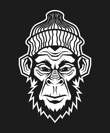Stylized head of gorilla, ape or monkey in a knitted hat - outline cut out vector silhouette on dark background
