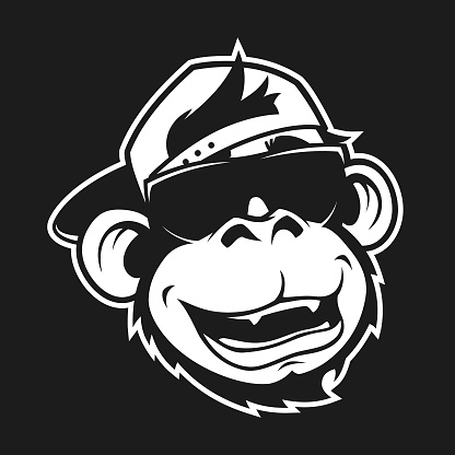 Stylized smiling monkey, ape or gorilla head wearing baseball cap and black sunglasses - outline cut out vector silhouette for dark background