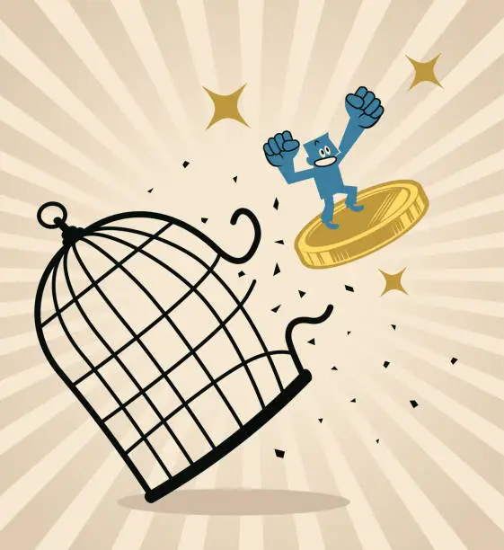 Vector illustration of A businessman breaks through the cage with a large gold coin