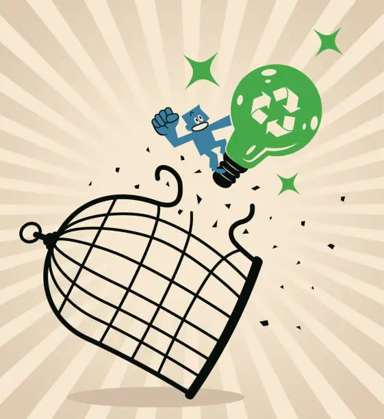 Vector illustration of A creative person riding a big green idea light bulb breaks through the cage