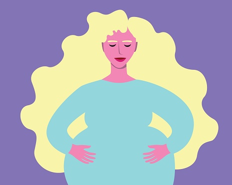 Cute pregnant woman as concept of childbearing, flat vector stock illustration