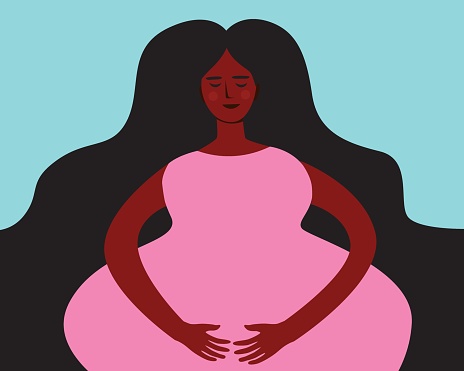 Black pregnant woman as concept of childbearing, flat vector stock illustration