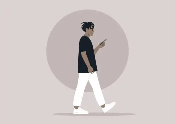 Vector illustration of A full body portrait of a young male African character using their phone on the go