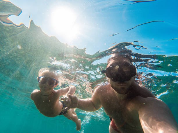 istock Young Boy Holding Hands With His Father While Snorkeling 1500450034