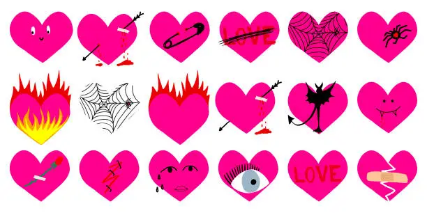 Vector illustration of Different Hearts in Retro Y2K style. Isolated Love Icons Set. Hand Drawing Punk, Goth, Rock or Emo Elements Collection. Vintage Sketch Drawn Heart. Vector Illustration