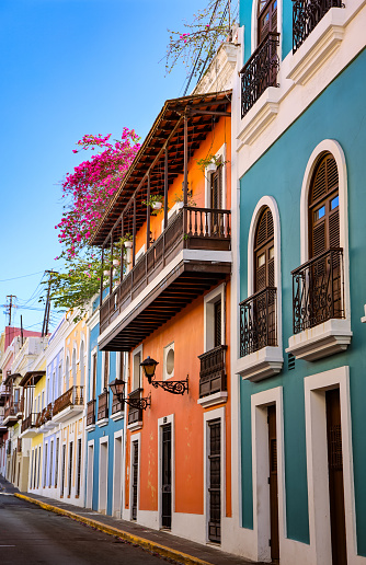 Colorful buildings line cobblestone streets in old San Juan on the island of Puerto Rico