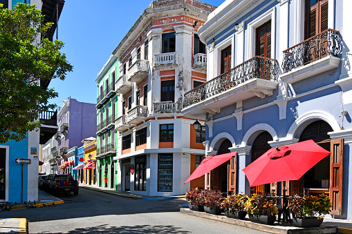 Historic colonial buildings in downtown Old San Juan the capital on the island of Puerto Rico, United States.