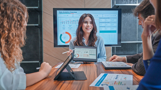 Group of Business people presenting and brainstorming a modern office meeting room