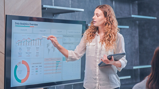 Businesswoman presenting in a modern office meeting room