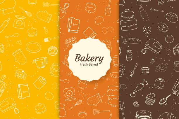 ilustrações, clipart, desenhos animados e ícones de coleção de padrões sem costura da padaria com estilo desenhado à mão - bakery baking store food