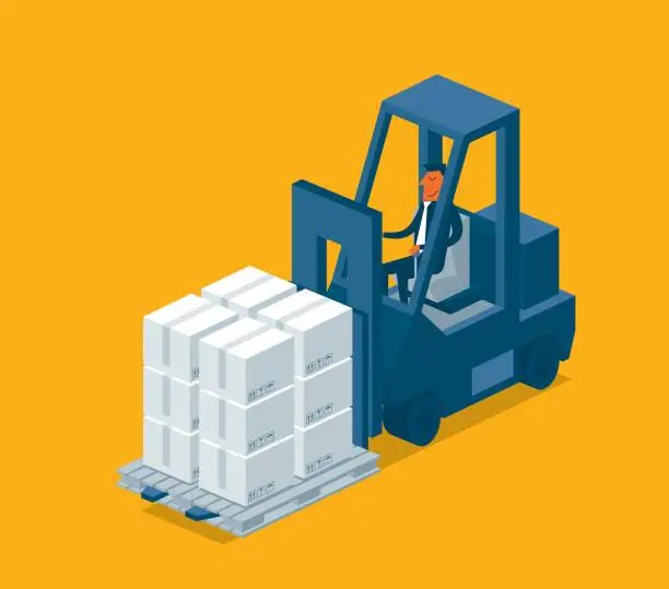 Vector illustration of Forklift truck with boxes on pallet. Cargo