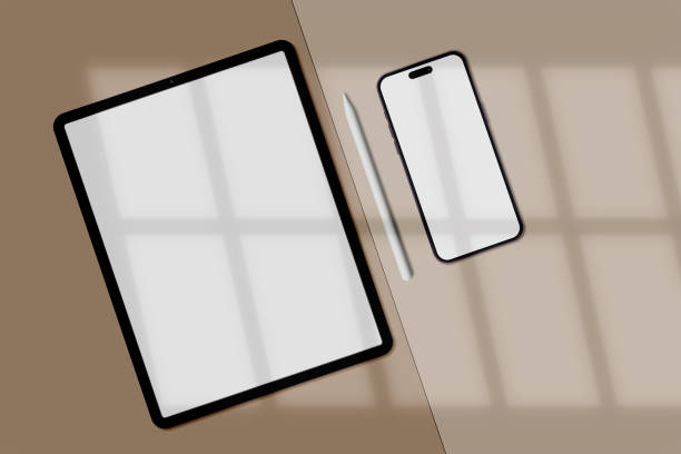 istock Realistic Smartphone, Tablet and Pencil Mockup Scene Creator with shadow overlay.Template for branding identity global business web site design app. 3D rendering 1500464024