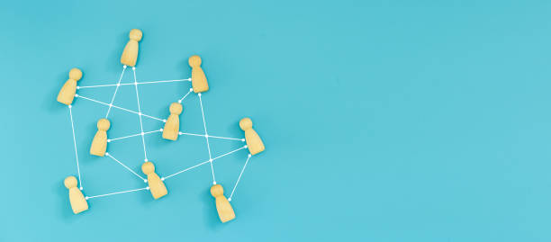 istock Human wooden connection communication network blue background. teamwork link management corporate. blue banner copy space. 1500464361