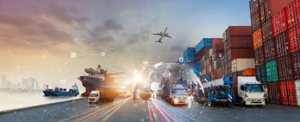 istock World map with logistic network distribution on background. Logistic and transport concept in front Logistics Industrial Container Cargo freight ship for Concept of fast or instant shipping, Online goods orders worldwide 1500466511