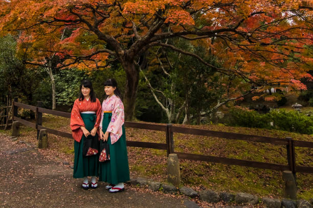 dos mujeres vestidas con ropa tradicional japonesa o kimonos - japanese maple autumn leaf tree fotografías e imágenes de stock
