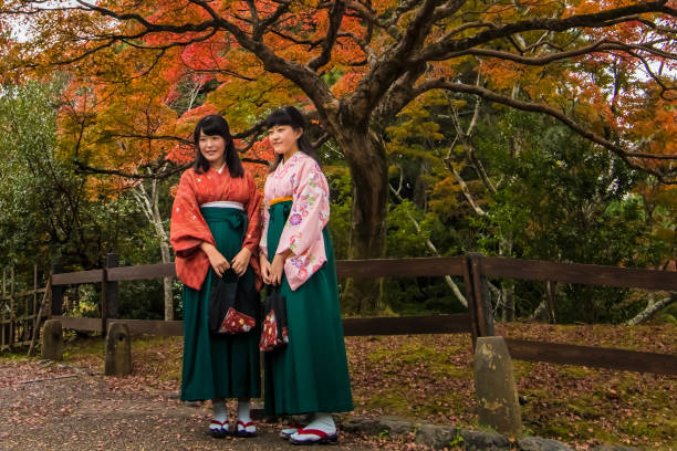 dos mujeres vestidas con ropa tradicional japonesa o kimonos - japanese maple autumn leaf tree fotografías e imágenes de stock