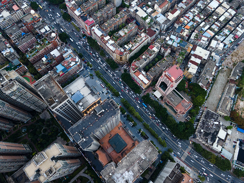 Aerial view of buildings and roads in densely populated old urban areas