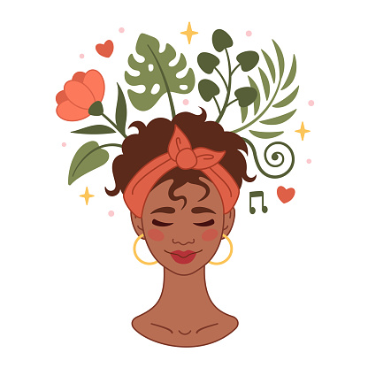 Mental health concept. Smiling afro american woman accepts, loves herself. Girl feels relaxed, confident. Flowers grow from the woman head. Happiness, harmony, positive thinking, self care concept.