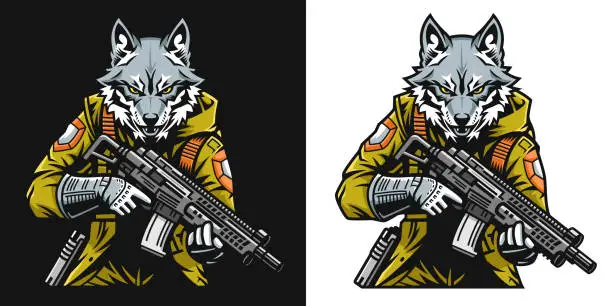 Vector illustration of Wolf soldier esports character illustration, wolves army, wolf holding a rifle, shooting shooter esport game