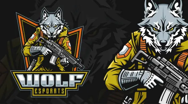 Vector illustration of Wolf soldier esports mascot template, wolves army, wolf holding a rifle, shooting shooter esport game