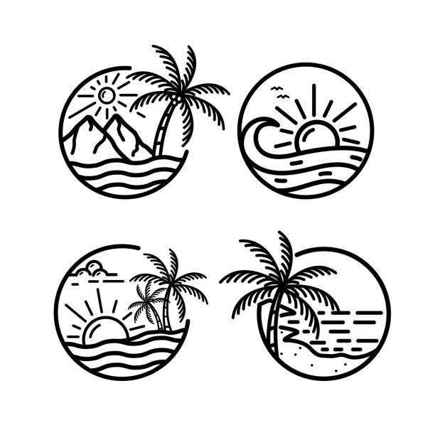 illustrazioni stock, clip art, cartoni animati e icone di tendenza di impostare l'isola tropicale dell'onda dell'oceano e l'illustrazione vettoriale della linea della linea della palma dell'albero - scenics silhouette beach sun