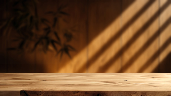 Empty wooden table with blurred rustic room background