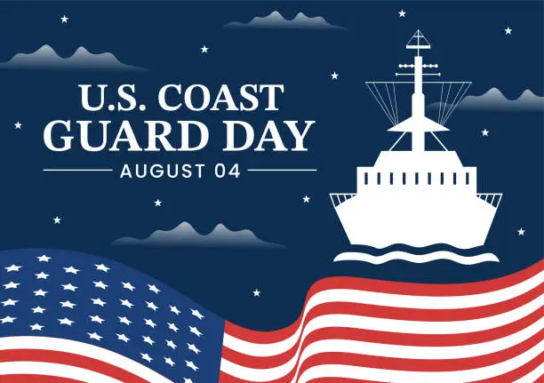 Vector illustration of United States Coast Guard Day Vector Illustration on August 4 with American Flag and Ship Background in Flat Cartoon Hand Drawn Templates