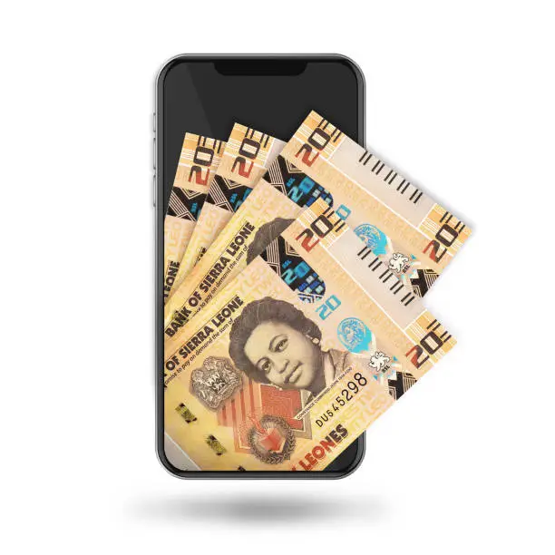 Photo of 3d Illustration of 20 Sierra Leonean Leone notes inside mobile phone