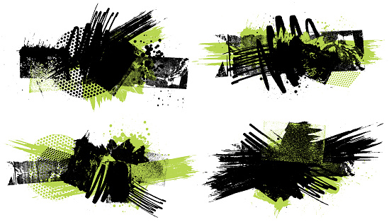 Black and lime green abstract grunge paint marks and textured patterns montage vector illustration on white background with space for text copy