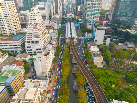 Aerial view office buiding with transport road Satorn district Bangkok Thailand