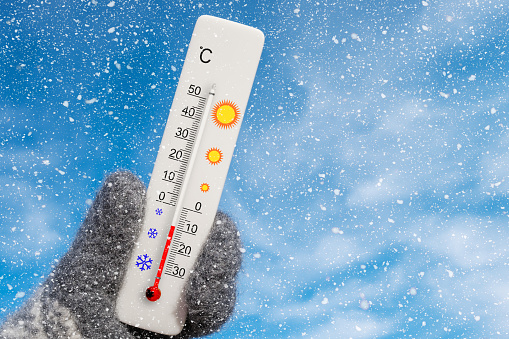 White celsius scale thermometer in hand. Ambient temperature minus 9 degrees celsius