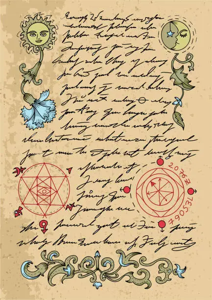 Vector illustration of Vector Page with magic spells, pentagram and drawings from witch book on textured background.